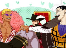 Rule 34 | 3boys, abs, ascot, beard, black hair, blonde hair, bound, bound legs, crocodile (one piece), dark-skinned male, dark skin, donquixote doflamingo, dracule mihawk, expressionless, facial hair, hair slicked back, holding hands, male focus, mature male, mg cls, multiple boys, mustache, on chair, one piece, parody request, pectoral cleavage, pectorals, scar, scar on face, scar on nose, short hair, sitting, smile, stitches, sunglasses, third wheel, yaoi