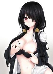 Rule 34 | 10s, 1girl, black nails, blush, bra, breasts, cleavage, date a live, hair over one eye, highres, large breasts, long hair, long sleeves, midriff, nail polish, navel, nipples, red eyes, short twintails, solo, tilapiacanth, tokisaki kurumi, twintails, underwear, very long hair, white background