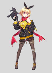Rule 34 | 1girl, :p, black gloves, black pantyhose, blonde hair, blush, boots, breasts, buttons, cleavage, cleavage cutout, clothing cutout, commentary, cross-laced footwear, dance of eternity, fingerless gloves, full body, gloves, grey background, gun, hairband, hand in pocket, head tilt, highres, holding, holding gun, holding weapon, jacket, knee pads, kriss super v, kriss vector, long sleeves, looking at viewer, medium breasts, off shoulder, original, pantyhose, pink eyes, plaid, plaid skirt, pouch, red scarf, scarf, short hair, simple background, skirt, smile, solo, standing, submachine gun, thigh pouch, tongue, tongue out, trigger discipline, weapon, zipper