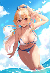 Rule 34 | 1girl, bare shoulders, blonde hair, breasts, cleavage, dark skin, multicolored hair, open mouth, ponytail, sebu illust, shiranui flare, smile, solo, streaked hair, swimsuit