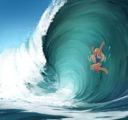 Rule 34 | 10s, 1girl, :d, ^ ^, arms up, blonde hair, blue one-piece swimsuit, blue sky, blue theme, breaking wave, closed eyes, day, flower, from side, hair flower, hair ornament, happy, highres, hitatsura, jumping, kantai collection, knees up, long hair, ocean, one-piece swimsuit, open mouth, outdoors, outstretched arms, ro-500 (kancolle), sailor collar, school swimsuit, sky, smile, solo, surfing, swimsuit, tan, water, waves