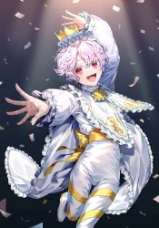 Rule 34 | 1boy, arm up, blush, bow, collar, confetti, cookie run, crown, dancing, ha youn, highres, long sleeves, looking at viewer, male focus, open mouth, pants, pink hair, puffy long sleeves, puffy sleeves, red eyes, short hair, solo, standing, standing on one leg, whipped cream cookie, white pants, yellow bow