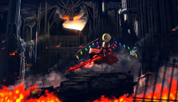 Rule 34 | 1girl, blonde hair, breath weapon, breathing fire, castle, dragon, fence, fire, flandre scarlet, from behind, highres, md5 mismatch, resolution mismatch, ryosios, short hair, smoke, source larger, standing, sword, touhou, weapon, wings
