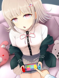Rule 34 | 1girl, :o, bad perspective, black jacket, black shirt, blouse, blunt bangs, blush, breasts, collared shirt, commentary request, couch, danganronpa (series), danganronpa 2: goodbye despair, dress shirt, flipped hair, from above, hair ornament, handheld game console, highres, holding, holding handheld game console, hood, igamushi4848, jacket, looking at viewer, nanami chiaki, nintendo switch, off shoulder, on couch, open mouth, out of frame, pink eyes, playing games, pleated skirt, pointing, ribbon, shirt, sitting, skirt, solo focus, spaceship hair ornament, sweat, two-tone shirt, white shirt