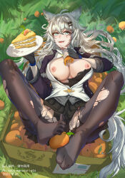 Rule 34 | 1girl, absurdres, ahoge, animal ears, arknights, black coat, black gloves, black shirt, black skirt, blue eyes, breasts, breasts out, cake, cake slice, coat, crate, fangs, fingerless gloves, food, fruit, gloves, grass, hair between eyes, hair ornament, hairclip, highres, holding, holding plate, lappland (arknights), lappland (refined horrormare) (arknights), large breasts, long sleeves, looking at viewer, lying, nipples, official alternate costume, on back, open clothes, open coat, open mouth, orange (fruit), outdoors, pantyhose, plate, qiyedefeishazhanji, shirt, skirt, solo, spread legs, tail, torn clothes, torn pantyhose, torn shirt, white hair, wolf ears, wolf girl, wolf tail