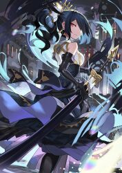 Rule 34 | 1girl, bare shoulders, black gloves, black hair, black skirt, earrings, elbow gloves, falken (yutozin), from behind, gloves, hair over one eye, highres, holding, holding sword, holding weapon, jewelry, looking at viewer, looking back, original, ponytail, red eyes, short hair, skirt, solo, standing, sword, weapon