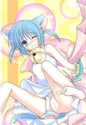 Rule 34 | 1girl, animal ears, anus, barefoot, bell, neck bell, blue hair, blush, cat ears, cat girl, cat tail, collar, dress, female focus, highres, panties, pussy, solo, tail, tears, underwear