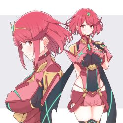 Rule 34 | 1girl, breasts, cowboy shot, earrings, female focus, fingerless gloves, gem, gloves, headpiece, highres, jewelry, large breasts, looking at viewer, matching hair/eyes, mochimochi (xseynao), multiple views, nintendo, pyra (xenoblade), red eyes, red hair, short hair, short shorts, shorts, smile, swept bangs, tiara, xenoblade chronicles (series), xenoblade chronicles 2
