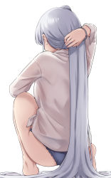 Rule 34 | 1girl, absurdres, ass, back, back focus, barefoot, blue panties, from behind, full body, fuyutsuki (kancolle), hair focus, highres, kantai collection, kiritto, long hair, long sleeves, no pants, panties, ponytail, shirt, simple background, solo, underwear, very long hair, white background, white hair, white shirt