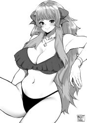 Rule 34 | 1girl, aliasing, armpits, artist name, bikini, bracelet, breasts, cleavage, commission, curvy, facing viewer, greyscale, highres, horns, jewelry, large breasts, long hair, looking at viewer, monochrome, norman maggot, original, smile, solo, swimsuit, very long hair