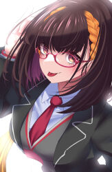 Rule 34 | 1girl, black jacket, blonde hair, blush, braid, breasts, brown eyes, brown hair, fate/grand order, fate (series), glasses, highres, jacket, large breasts, long hair, long sleeves, looking at viewer, multicolored hair, necktie, osakabehime (fate), school uniform, smile, solo, tongue, tongue out, two-tone hair, yakuoyoso