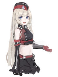 Rule 34 | 1girl, black skirt, blonde hair, blue eyes, breasts, cowboy shot, cropped legs, detached sleeves, f2000 (girls&#039; frontline), garrison cap, girls&#039; frontline, gloves, hat, long hair, midriff, open mouth, rampart1028, red gloves, red hat, simple background, skirt, small breasts, smile, solo, teeth, very long hair, white background