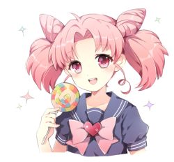 Rule 34 | 1990s (style), 1girl, bishoujo senshi sailor moon, blue sailor collar, blush, brooch, candy, chibi usa, cone hair bun, double bun, food, hair bun, heart, heart brooch, jewelry, lollipop, looking at viewer, lowres, open mouth, pingo, pink eyes, pink hair, retro artstyle, sailor collar, school uniform, short hair, solo, twintails, white background