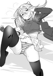 Rule 34 | 1girl, blush, fu-ta, greyscale, hair ornament, highres, long hair, looking at viewer, lying, monochrome, open mouth, original, panties, ponytail, skirt, spread legs, striped clothes, striped panties, thighs, underwear, usami taiga