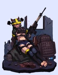Rule 34 | 1girl, absurdres, animal ears, armband, backpack, bag, benditnow, bikini, bikini top only, black thighhighs, blush, breasts, callisto (greyeth), camouflage, camouflage jacket, colt canada c7, combat helmet, commission, denim, denim shorts, digital camouflage, field ration, fox ears, fox tail, helmet, highres, jacket, knee pads, large breasts, looking at viewer, open mouth, original, shorts, smile, swimsuit, tail, thighhighs, underboob, yellow armband