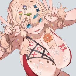 Rule 34 | 1girl, :d, bikini, blonde hair, blue eyes, blush, bow, breasts, bunching hair, double v, florida-chan (ryusei hashida), food, food on body, food on breasts, fruit, grey background, hair between eyes, hair ornament, hairclip, hairpin, hands up, huge breasts, looking at viewer, open mouth, orange (fruit), orange slice, original, red bikini, red bow, ryusei hashida, signature, simple background, smile, solo, swimsuit, v