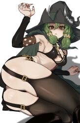 Rule 34 | 1girl, absurdres, ass, breasts, cloak, fake horns, freckles, fujinari, green cloak, green eyes, green hair, hat, highres, horned headwear, horns, long hair, looking at viewer, lying, medium breasts, navel, on side, open mouth, red nails, shadow, shiny skin, simple background, solo, thick eyelashes, thighhighs, thighs, unicorn overlord, white background, witch hat, yahna (unicorn overlord)