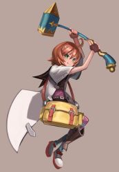 Rule 34 | 1girl, absurdres, ahoge, bag, closed mouth, commentary, dr watsonspcbt, english commentary, etrian odyssey, full body, green eyes, hair between eyes, hammer, highres, holding, holding hammer, holding weapon, medic (sekaiju), medic 2 (sekaiju), orange hair, sekaiju no meikyuu, sekaiju no meikyuu 1, shin guards, shoes, short hair, simple background, smile, solo, striped clothes, striped thighhighs, tan background, thighhighs, two-handed, weapon