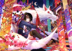 Rule 34 | 1girl, animal, animal print, architecture, belt, black hair, black thighhighs, blue dress, blunt bangs, blurry, bob cut, breasts, bridge, brown footwear, bud, buddha, bug, butterfly, butterfly print, carnation, carrying over shoulder, cherry blossoms, chrysanthemum, chrysanthemum print, cloud, colorful, crescent, depth of field, diamond (shape), door, dress, east asian architecture, eyebrows, eyelashes, fine art parody, fish, fish print, floral print, flower, flower request, fox, from side, fuzichoco, gate, goldfish, hair ornament, insect, katana, kitsune, knees up, long sleeves, looking at viewer, night, night sky, nihonga, on floor, oni, original, outdoors, outstretched arm, over shoulder, parody, parted lips, petals, pink flower, pouring, purple flower, red eyes, red ribbon, red scarf, ribbon, rope, scarf, shoes, short dress, short hair, sitting, sky, small breasts, star (sky), sword, thighhighs, transparent, ukiyo-e, weapon, weapon over shoulder, yellow ribbon