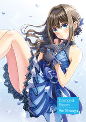 Rule 34 | 1girl, aqua eyes, bare shoulders, blue dress, blush, brown eyes, character name, dress, earrings, eyebrows hidden by hair, gloves, hair ornament, hand on own chest, highres, idolmaster, idolmaster cinderella girls, idolmaster cinderella girls starlight stage, jewelry, long hair, looking at viewer, necklace, ribbon, shibuya rin, sleeveless, sleeveless dress, solo, tazu