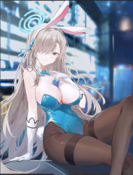 Rule 34 | 1girl, absurdres, asuna (blue archive), asuna (bunny) (blue archive), between breasts, black pantyhose, blonde hair, blue archive, blue eyes, blurry, bow, bowtie, breasts, card, card between breasts, cleavage, commentary, crossed legs, depth of field, eli786250862, gloves, halo, highres, leotard, long hair, mole, mole on breast, pantyhose, playboy bunny, playing card, sitting, skindentation, solo, thighband pantyhose, traditional bowtie, white gloves