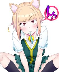 Rule 34 | 10s, 1girl, animal ears, bad id, bad pixiv id, bell, black socks, blonde hair, blush, brown eyes, cat ears, collar, fish, highres, kneehighs, kuraishi tanpopo, looking at viewer, mofu rou, motion lines, mouth hold, neck bell, pleated skirt, school uniform, shirt, short hair, short sleeves, sitting, skirt, socks, solo, translation request, vest, white background, white shirt, witch craft works