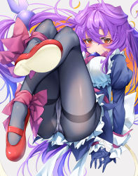 Rule 34 | 1girl, ass, black gloves, black pantyhose, bombergirl, breasts, gloves, hesoten, highres, long hair, looking at viewer, mary janes, multicolored hair, orange eyes, orange hair, pantyhose, prune (bombergirl), puffy sleeves, purple hair, red footwear, shoes, simple background, solo, thighband pantyhose, two-tone hair, white background