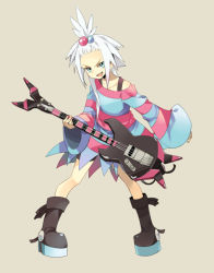 Rule 34 | 10s, 1girl, aria r, bass guitar, boots, creatures (company), dress, game freak, green eyes, guitar, gym leader, hair bobbles, hair ornament, instrument, nintendo, platform footwear, pokemon, pokemon bw2, roxie (pokemon), short dress, solo, striped clothes, striped dress, topknot, white hair, wide sleeves