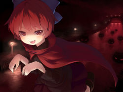 Rule 34 | 1girl, bow, bridge, cape, claw pose, hair bow, lantern, looking at viewer, nichiki, paper lantern, red eyes, red hair, red theme, river, sekibanki, shaded face, short hair, solo, stream, touhou