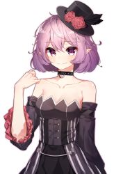 Rule 34 | 1girl, bare shoulders, black choker, black dress, black feathers, black hat, black sleeves, blush, breasts, choker, cleavage, closed mouth, collarbone, detached sleeves, dress, feathers, flower, frilled sleeves, frills, hair between eyes, hand up, hat, hat feather, hat flower, highres, long sleeves, lucid (maplestory), maplestory, medium breasts, pointy ears, purple eyes, purple hair, red flower, red rose, rose, se.a, short hair, simple background, smile, solo, strapless, strapless dress, tilted headwear, white background