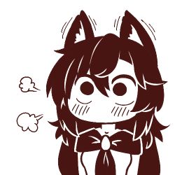 Rule 34 | 1girl, puff of air, animal ears, blush, breasts, brooch, chibi, commentary, crossover, dress, hair between eyes, imaizumi kagerou, jewelry, komi-san wa komyushou desu, long hair, long sleeves, looking at viewer, lowres, medium breasts, monochrome, simple background, solo, touhou, upper body, very long hair, white background, wolf ears, wool (miwol)