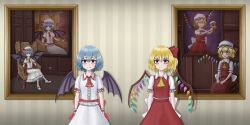 Rule 34 | 2girls, ascot, bat wings, blue hair, dress, fang, fang out, female focus, flandre scarlet, fumo (doll), grummsed, looking at viewer, multiple girls, no headwear, painting (object), puffy short sleeves, puffy sleeves, recurring image, remilia scarlet, ribbon, short sleeves, smile, standing, touhou, wings, wrist cuffs