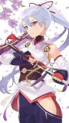 Rule 34 | 1girl, closed mouth, commentary request, detached sleeves, fate/grand order, fate (series), fingerless gloves, gloves, hayashi kewi, holding, holding sword, holding weapon, japanese clothes, katana, kimono, long hair, mitsudomoe (shape), obi, petals, ponytail, red eyes, red gloves, sash, sheath, silver hair, sleeveless, sleeveless kimono, solo, sword, tomoe (symbol), tomoe gozen (fate), unsheathing, weapon, white kimono