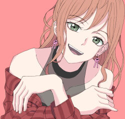 Rule 34 | 1girl, bang dream!, bare shoulders, brown hair, collarbone, crossed arms, earrings, green eyes, hands up, head tilt, highres, imai lisa, ishinomaki rokorou, jewelry, leaning to the side, long hair, looking at viewer, off shoulder, open mouth, pink background, portrait, rabbit earrings, red shirt, shirt, sidelocks, smile, solo, upper body, wavy hair