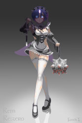 Rule 34 | 1girl, apron, blood, bloody weapon, blue eyes, blue hair, breasts, character name, cleavage, copyright name, detached sleeves, earrings, flail, garter straps, glowing, glowing eyes, grey background, hair over one eye, highres, horns, jewelry, maid, maid apron, mary janes, medium breasts, morning star, re:zero kara hajimeru isekai seikatsu, reflection, rem (re:zero), shoes, single horn, solo, thighhighs, thighs, utada (fetchsigma), weapon, wide sleeves