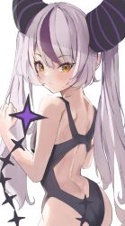Rule 34 | 1girl, bare shoulders, demon girl, grey hair, highres, hololive, holox, horns, kote11272424, la+ darknesss, multicolored hair, solo, streaked hair, striped horns, swimsuit, twintails, virtual youtuber, yellow eyes
