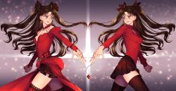 Rule 34 | 2girls, absurdres, aqua eyes, back-to-back, bare shoulders, black legwear, black skirt, bow, breasts, breasts apart, brown hair, cowboy shot, craft essence (fate), earrings, fate (series), fingernails, tohsaka rin (formalcraft), grey background, hair bow, highres, jewelry, long fingernails, long hair, looking at another, medium breasts, multiple girls, necklace, ojo aa, red bow, red legwear, red sweater, skirt, sweater, thighhighs, thighs, tohsaka rin, turtleneck, two side up, zettai ryouiki