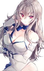 Rule 34 | 1girl, azur lane, bare shoulders, blue bow, bow, breasts, cleavage, covered navel, cross, cross earrings, dress, earrings, elbow gloves, evening gown, fingerless gloves, gloves, grey hair, irohatomo, jewelry, large breasts, mole, mole under eye, no bra, no panties, red eyes, saint-louis (azur lane), saint-louis (holy knight&#039;s resplendence) (azur lane), saint-louis (holy knight&#039;s resplendence) (azur lane), simple background, sleeveless, sleeveless dress, solo, upper body, white background