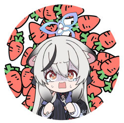 Rule 34 | 1girl, animal ear fluff, animal ears, black dress, black hair, blue archive, brown eyes, carrot, chibi, commentary request, dress, food-themed background, fork, grey hair, hair between eyes, halo, holding, holding fork, holding knife, knife, kokona (blue archive), long hair, long sleeves, multicolored hair, nyaru (nyaru 4126), open mouth, round image, solo, streaked hair, sweat, tears, turn pale, wavy mouth, white background
