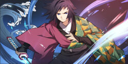 Rule 34 | 1boy, black hair, blue eyes, catin, closed mouth, fingernails, glint, haori, holding, holding sword, holding weapon, japanese clothes, katana, kimetsu no yaiba, light particles, looking at viewer, male focus, messy hair, short hair, smile, solo, sword, tomioka giyuu, waves, weapon, wide sleeves
