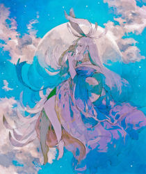 Rule 34 | 1girl, alternate color, animal ears, anklet, barefoot, blue gemstone, blue kimono, blue sky, blue theme, blunt bangs, closed eyes, cloud, commentary, day, final fantasy, final fantasy xiv, floating, from side, full body, full moon, gem, hands up, japanese clothes, jewelry, kimono, lace collar, limited palette, long hair, midair, mole, mole under mouth, moon, peppermint jet, profile, rabbit ears, sky, solo, straight hair, tsukuyomi (ff14), white hair