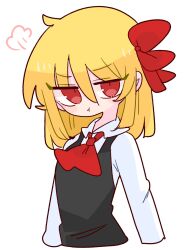 Rule 34 | 1girl, :t, black vest, blonde hair, collared shirt, hair ribbon, highres, is that so, long sleeves, medium hair, necktie, op na yarou, outstretched arms, red eyes, red necktie, ribbon, romaji commentary, rumia, shirt, simple background, solo, spread arms, touhou, v-shaped eyebrows, vest, white background, white shirt