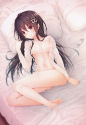 Rule 34 | 1girl, absurdres, akahito, bare shoulders, bed, bed sheet, blouse, bottomless, breasts, breasts apart, brown eyes, brown hair, closed mouth, collarbone, dengeki bunko, eyebrows, groin, hair ornament, hairclip, hand up, highres, long hair, long sleeves, looking at viewer, lying, maou na anoko to murabito a, matching hair/eyes, medium breasts, naked shirt, navel, no panties, off shoulder, on back, on bed, open clothes, open shirt, original, panties, unworn panties, pillow, ryuugamine ouko, scan, shirt, smile, solo, stomach, underwear, white panties, white shirt