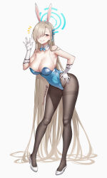 Rule 34 | 1girl, animal ears, asuna (blue archive), asuna (bunny) (blue archive), bare shoulders, blue archive, blue bow, blue eyes, blush, bow, bowtie, breasts, cleavage, detached collar, fake animal ears, full body, gloves, gradient background, hair over one eye, hand on own hip, high heels, highleg, highres, isshi pyuma, large breasts, leotard, long hair, looking at viewer, pantyhose, playboy bunny, rabbit ears, rabbit tail, smile, solo, standing, strapless, tail, twitter username, very long hair, white gloves, wrist cuffs
