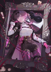 Rule 34 | 1girl, arm belt, black cat, book, breasts, brown jacket, butterfly ornament, candle, cat, chest harness, collared shirt, empty picture frame, eyewear on head, foot out of frame, from above, glasses, gloves, hand up, harness, high-waist shorts, highres, honkai: star rail, honkai (series), jacket, kafka (honkai: star rail), large breasts, lying, medium hair, on back, on ground, open book, pantyhose, pantyhose under shorts, parted lips, picture frame, pince-nez, ponytail, purple eyes, purple gloves, purple hair, purple pantyhose, qianchenyu77, ribbon, round eyewear, shirt, shorts, sidelocks, solo, spider web print, spotlight, white shirt
