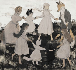 Rule 34 | 3girls, animal, ascot, barefoot, black cat, black hair, black shirt, braid, brown hair, cat, closed eyes, closed mouth, clothed animal, dancing, dress, flower, fox, frilled shirt collar, frills, gloves, grass, high collar, highres, holding hands, jacket, kitten, long dress, long hair, looking at another, multiple girls, original, outdoors, pants, shirt, sleeves rolled up, tono (rt0no), white cat, white dress, white gloves, white hair, white shirt
