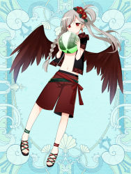 Rule 34 | androgynous, ball, beachball, blue background, braid, brown wings, character request, earrings, flower, full body, gender request, grey hair, hair flower, hair ornament, holding, holding ball, jacket, jewelry, kerberos blade, l (matador), long hair, looking at viewer, male swimwear, navel, open clothes, open jacket, plaid, red eyes, red male swimwear, red swim trunks, sandals, short sleeves, simple background, solo, standing, swim trunks, swimsuit, wings