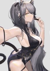 Rule 34 | 1girl, animal ears, applying makeup, arknights, black collar, black dress, breasts, cat ears, cat girl, cat tail, chinese commentary, cleavage, collar, cosmetics, cowboy shot, dress, extra ears, grey background, grey hair, highres, holding, holding lipstick tube, large breasts, lipstick tube, long hair, looking at viewer, nineye, ponytail, schwarz (arknights), selfie, sideboob, simple background, solo, tail, very long hair, yellow eyes