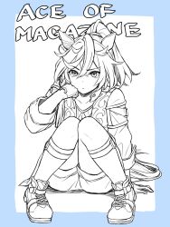 Rule 34 | 1girl, animal ears, clenched hand, closed mouth, coat, crossed bangs, english text, frown, fugetsu (windmoon tw), gloves, greyscale with colored background, hair between eyes, half gloves, hand on own cheek, hand on own face, highres, horse ears, horse girl, horse tail, katsuragi ace (umamusume), knees up, long sleeves, looking at viewer, ponytail, shirt, shoes, short hair, shorts, sitting, sneakers, socks, solo, tail, umamusume