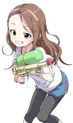 Rule 34 | 1girl, absurdres, black pantyhose, blue shorts, blush, brown eyes, brown hair, collarbone, forehead, grin, hairband, highres, holding, holding water gun, idolmaster, idolmaster (classic), idolmaster million live!, idolmaster million live! theater days, long hair, looking at viewer, minase iori, open mouth, pantyhose, pigeon-toed, shirt, short sleeves, shorts, simple background, smile, solo, water gun, wet, white background, white shirt, yamamoto souichirou